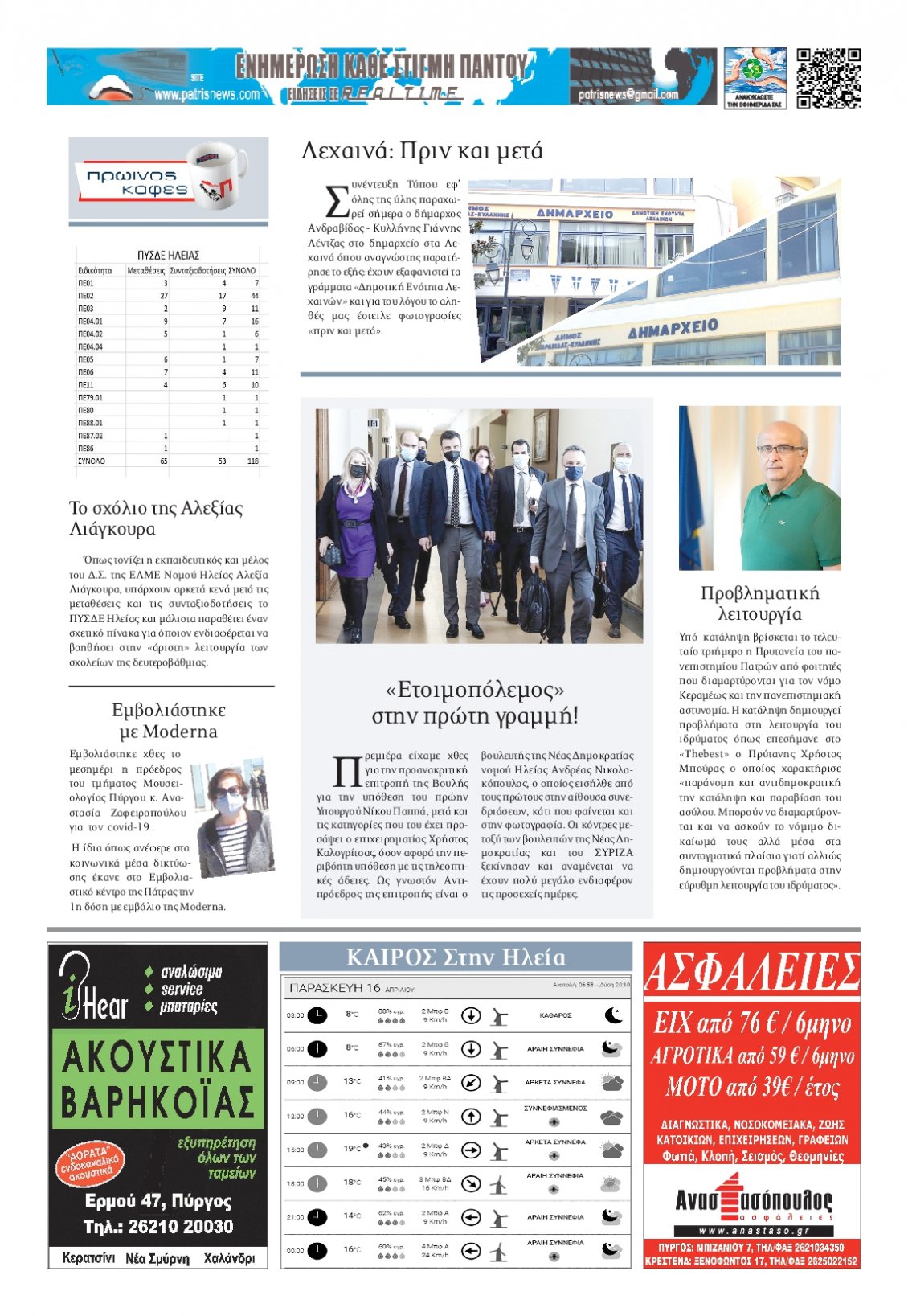 Οπισθόφυλλο Εφημερίδας - ΠΑΤΡΙΣ ΠΥΡΓΟΥ - 2021-04-16