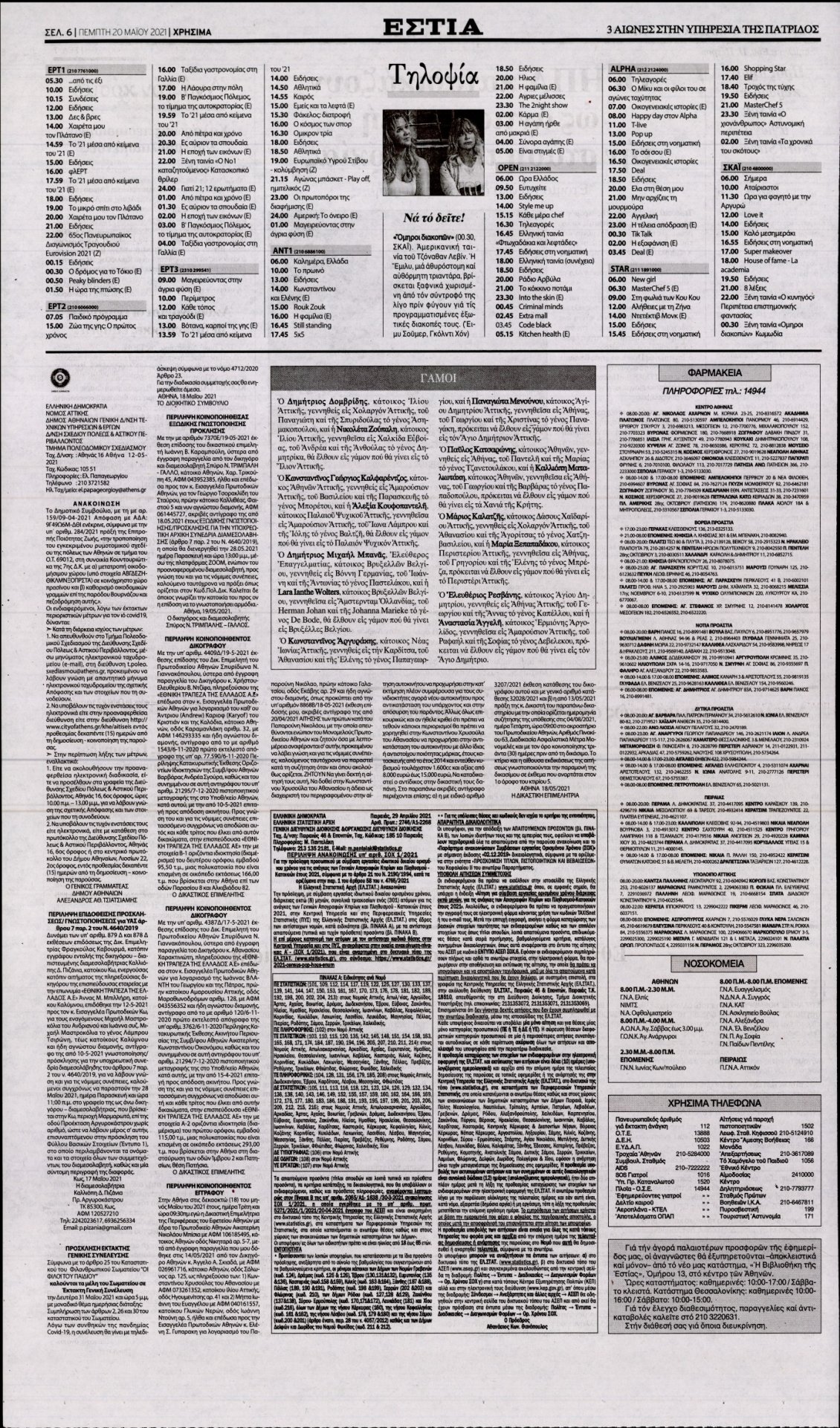 Οπισθόφυλλο Εφημερίδας - ΕΣΤΙΑ - 2021-05-20