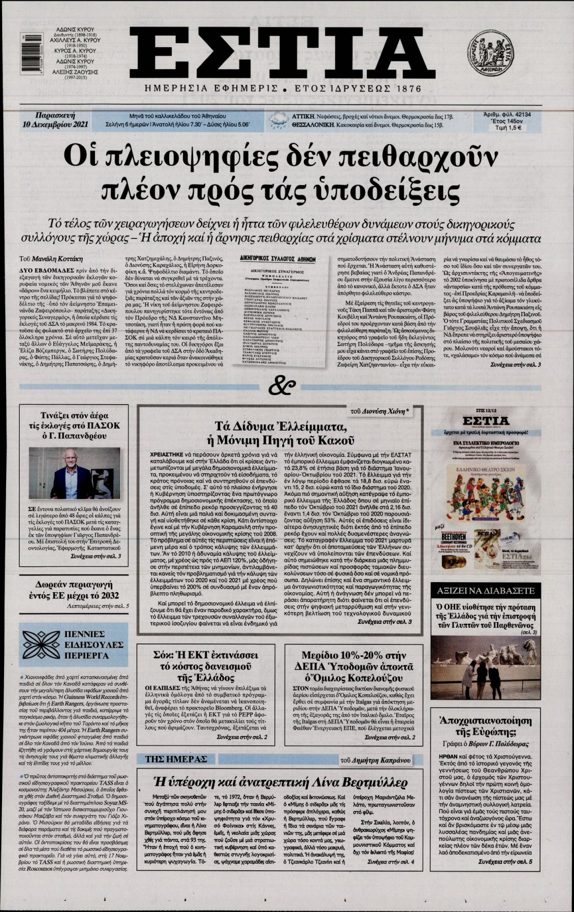 Πρωτοσέλιδο Εφημερίδας - ΕΣΤΙΑ - 2021-12-10