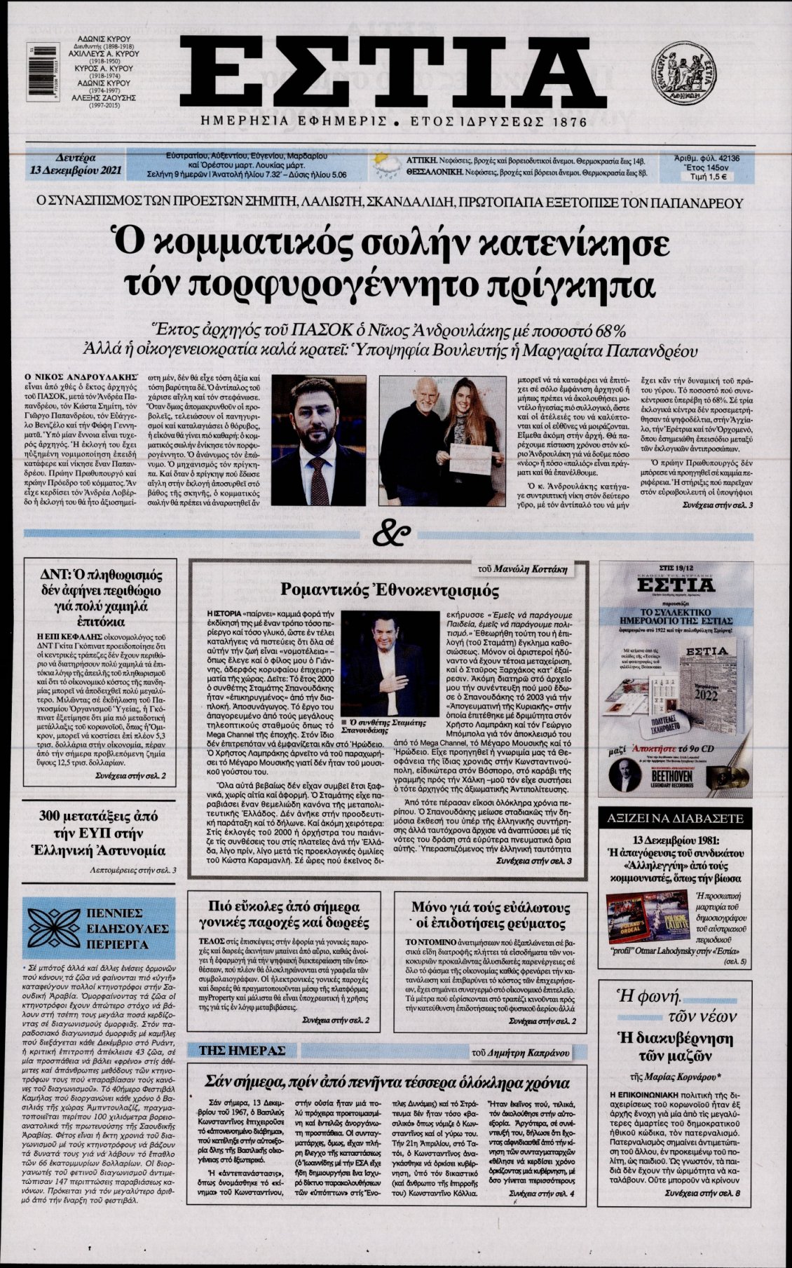 Πρωτοσέλιδο Εφημερίδας - ΕΣΤΙΑ - 2021-12-13