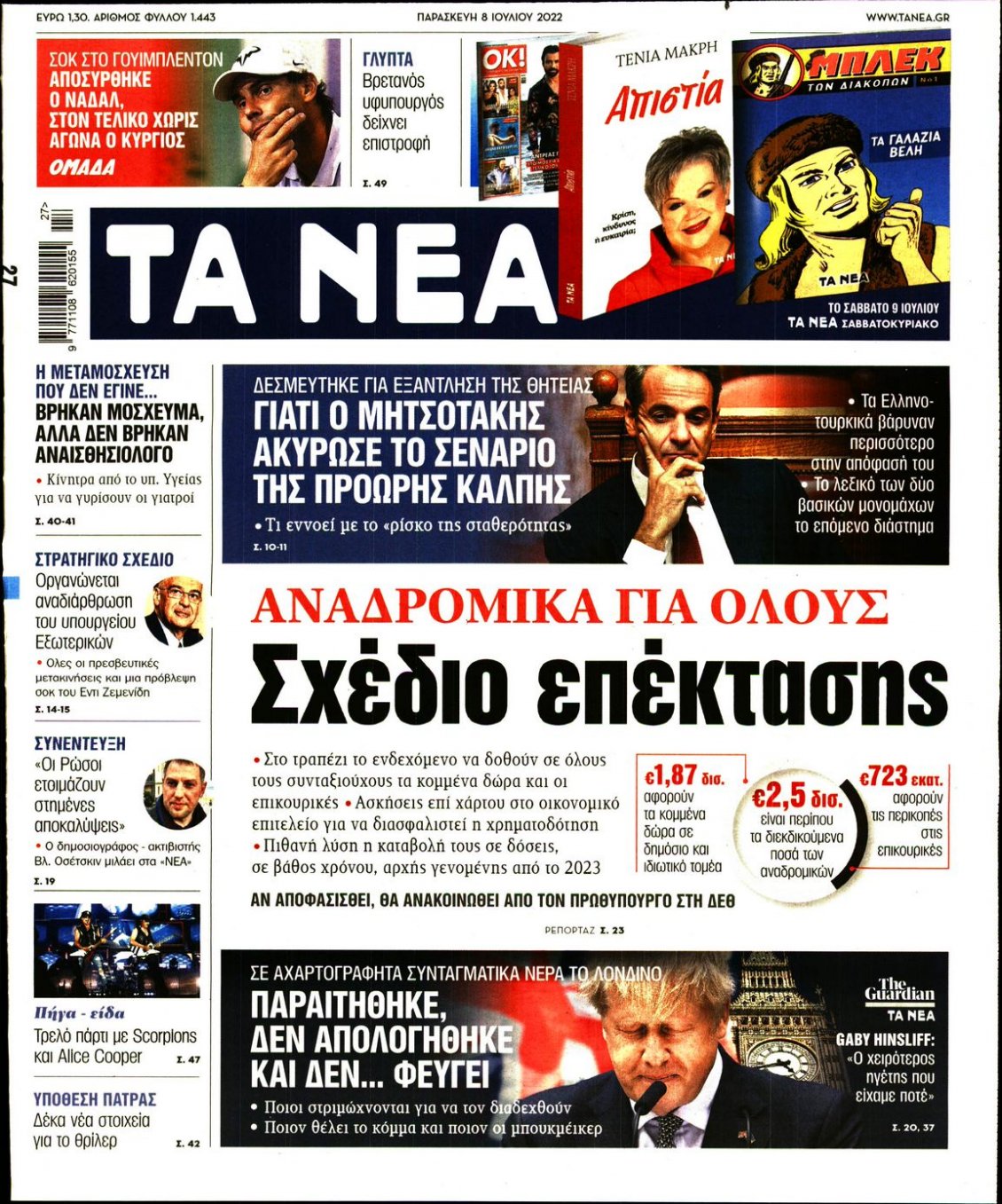 Πρωτοσέλιδο Εφημερίδας - ΤΑ ΝΕΑ - 2022-07-08