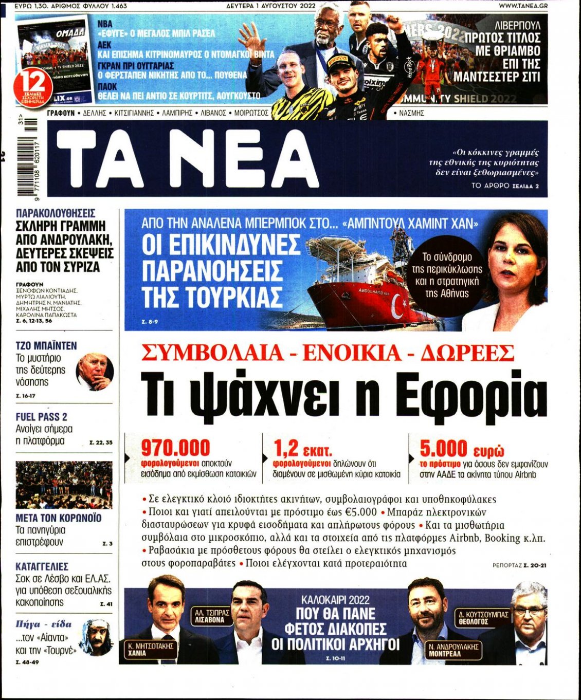Πρωτοσέλιδο Εφημερίδας - ΤΑ ΝΕΑ - 2022-08-01