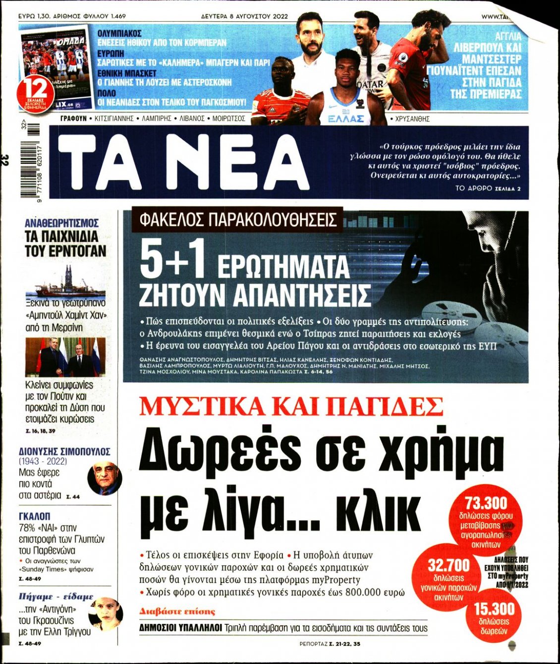 Πρωτοσέλιδο Εφημερίδας - ΤΑ ΝΕΑ - 2022-08-08