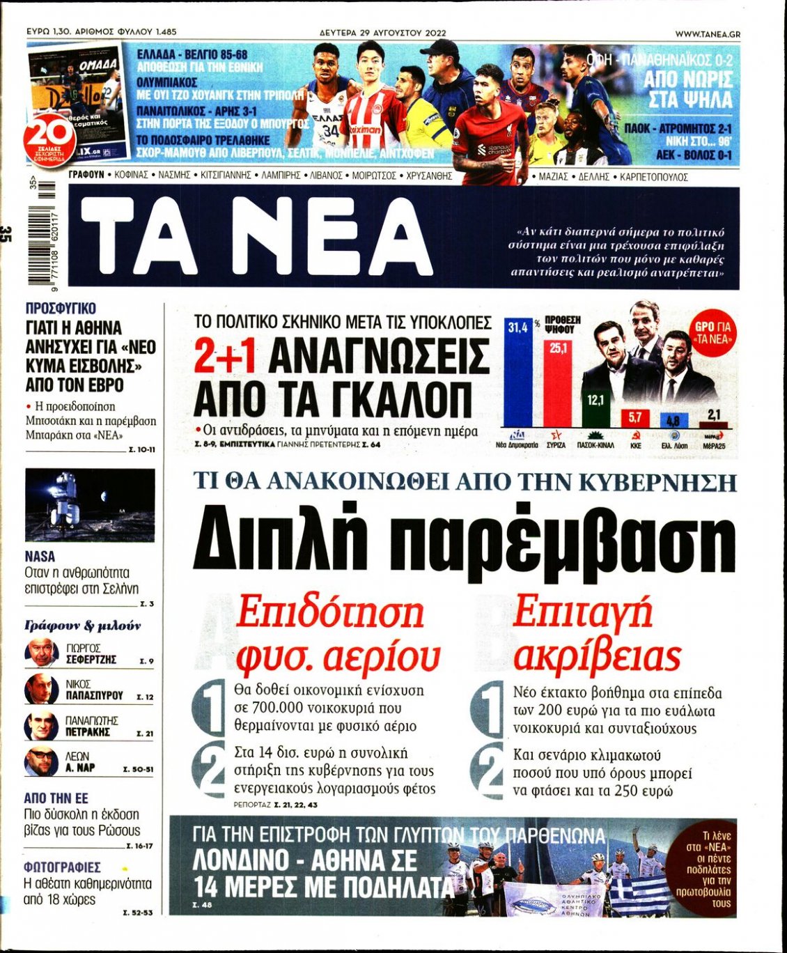 Πρωτοσέλιδο Εφημερίδας - ΤΑ ΝΕΑ - 2022-08-29